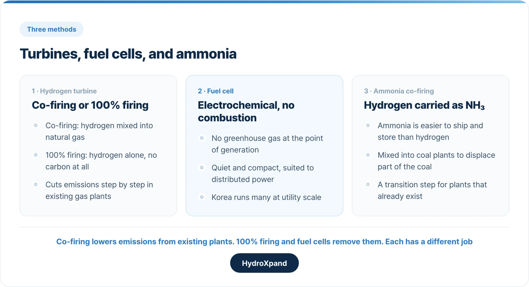 Turbines, fuel cells and ammonia. Co-firing lowers emissions from existing plants; full firing and fuel cells remove them.