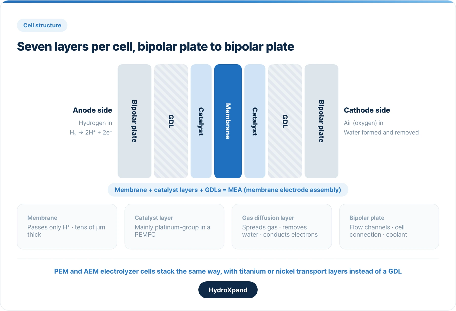 One cell, bipolar plate to bipolar plate: seven layers. The middle five make up the MEA.