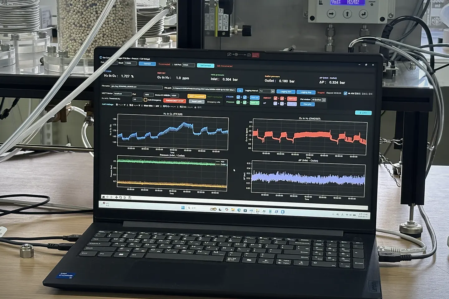 Laptop on a test bench showing live HXB-V1 operating charts