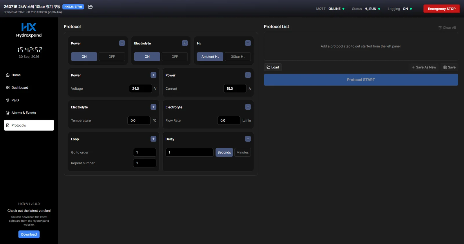 The protocol screen of the control app: an ordered list of steps switching electrolyte and power control on or off, applying setpoints, waiting and looping a section.